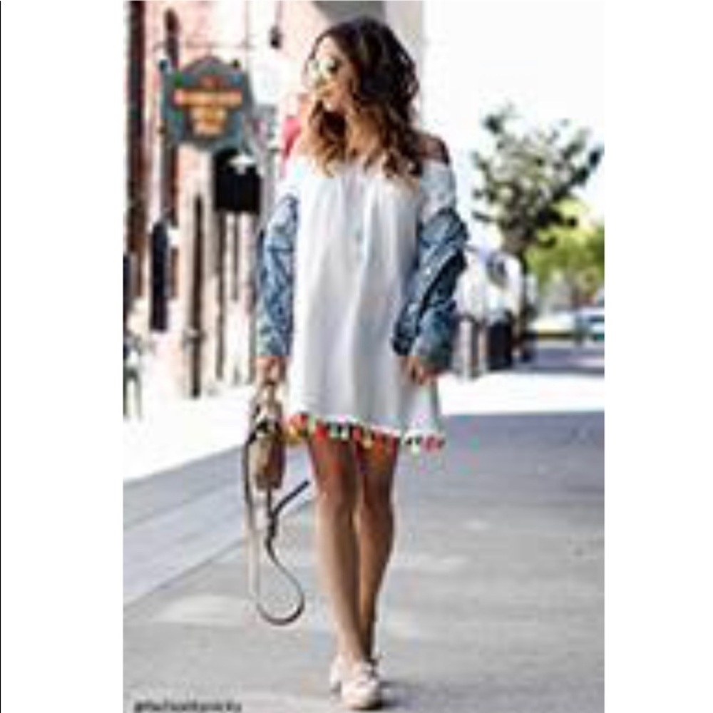 Tasseled off the shoulder white dress. NWOT